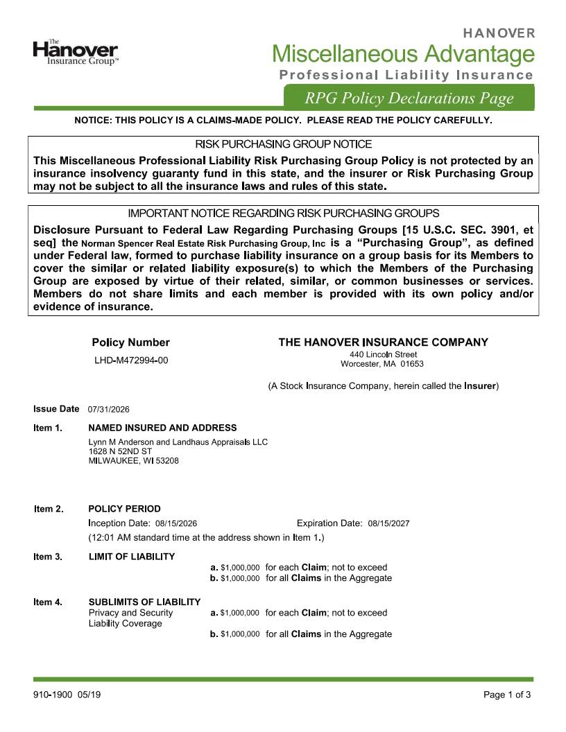 Certificate of Errors & Omissions Insurance until Aug 2027