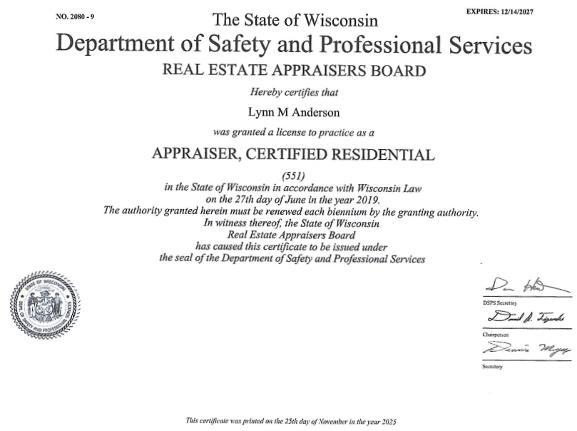 Appraisers certification expiring Dec 2027